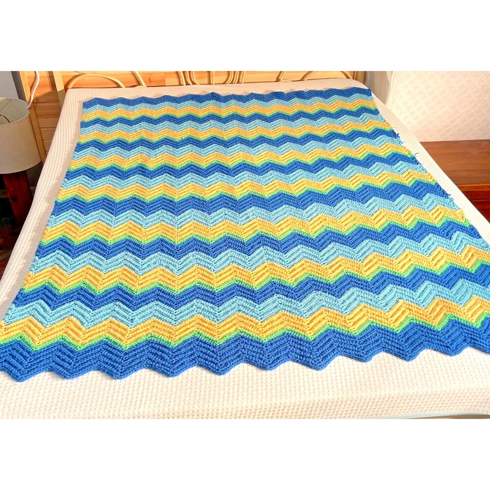 Handmade Crochet Zig Zag Pattern Afghan Blue Green Yellow Lt. Blue-Vintage 68x54